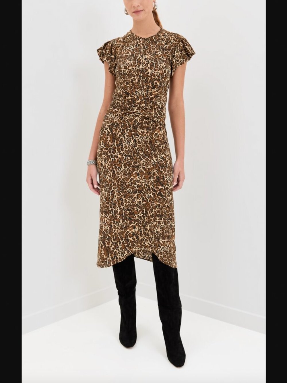 $1090 NWT Isabel Marant Brown Black Leopard Terena Ruched Midi Dress sz 8/FR 40